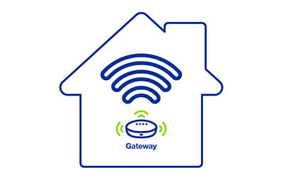 blue house icon with gateway offering wireless service connectivity