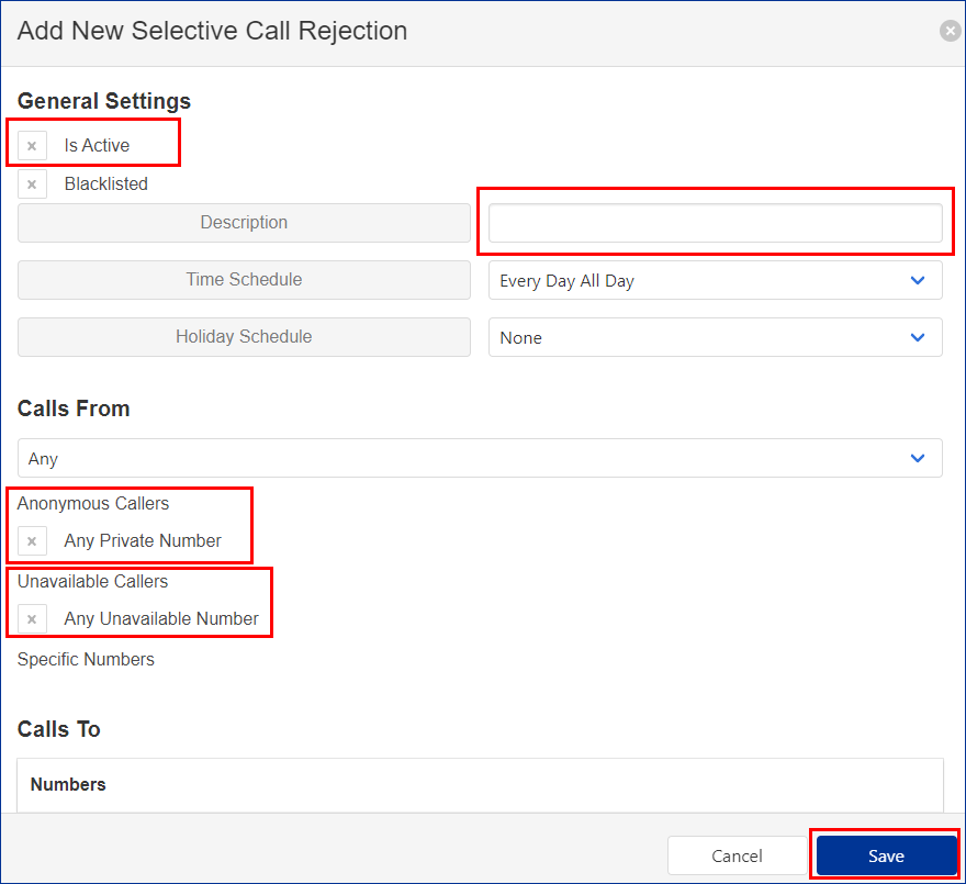 Add new Selective Call Rejection pop-up