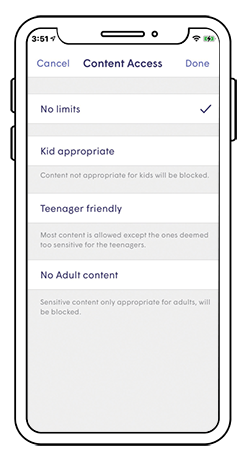 Parental control settings on app