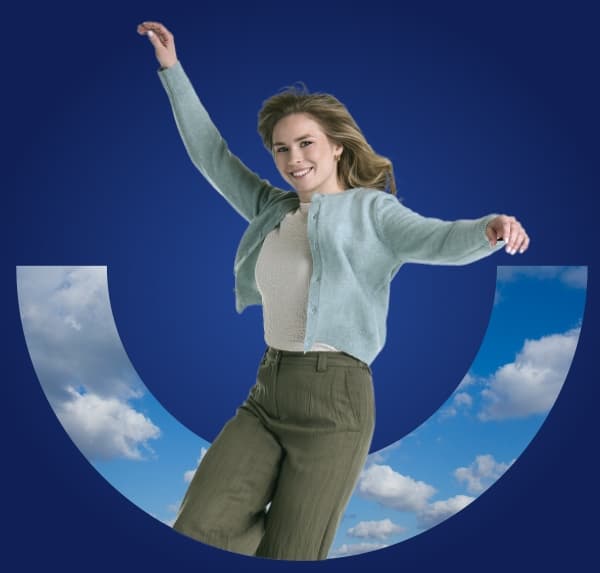 New Girl Cloud Smile Girl raising arms in air and floating on clouds